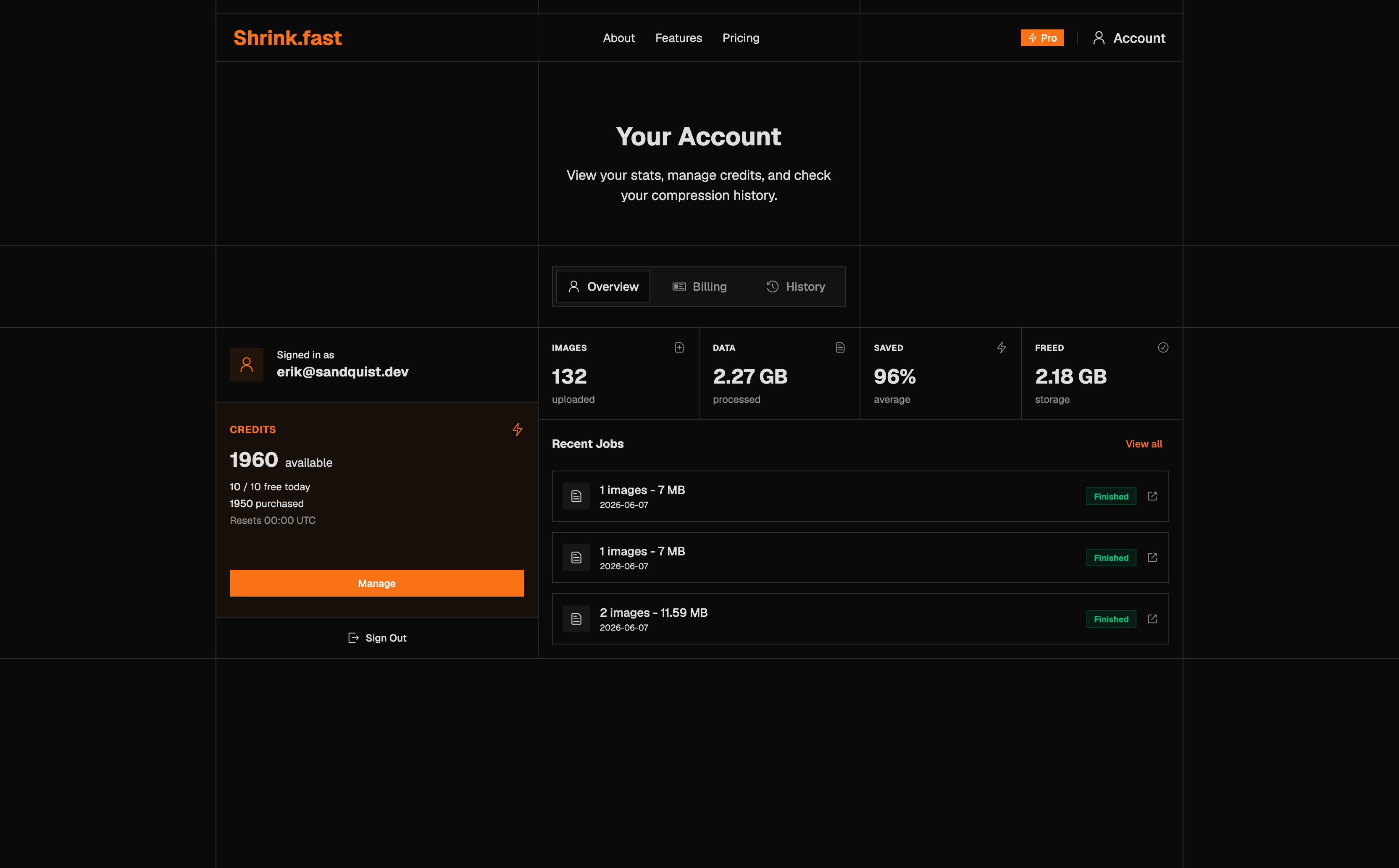 Shrink.fast account overview with credit balance and recent jobs