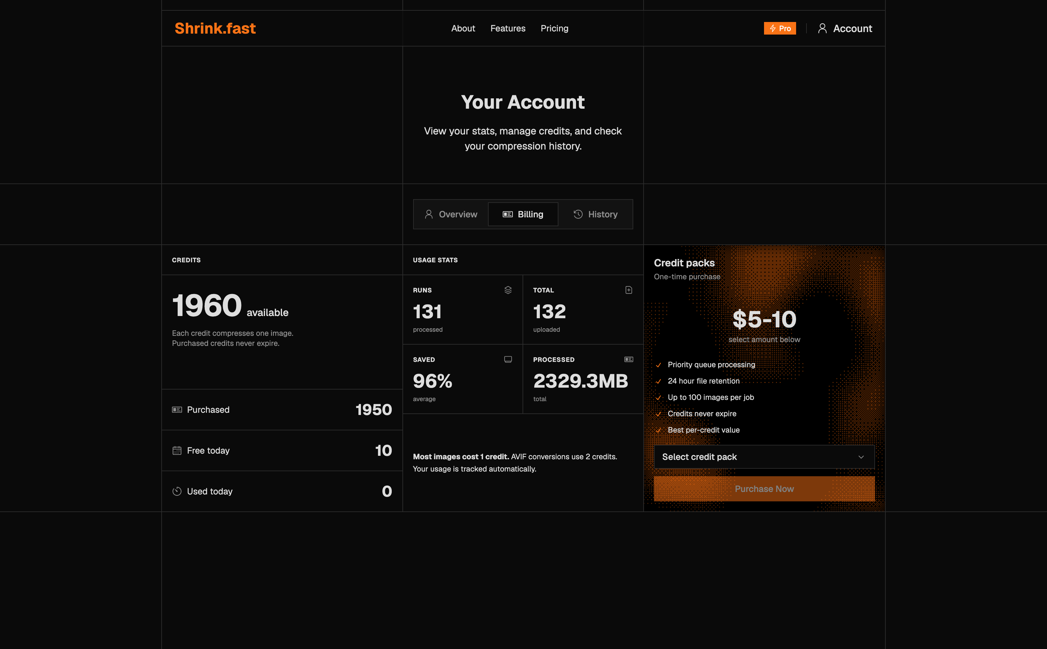 Shrink.fast billing screen with usage statistics and credit packs
