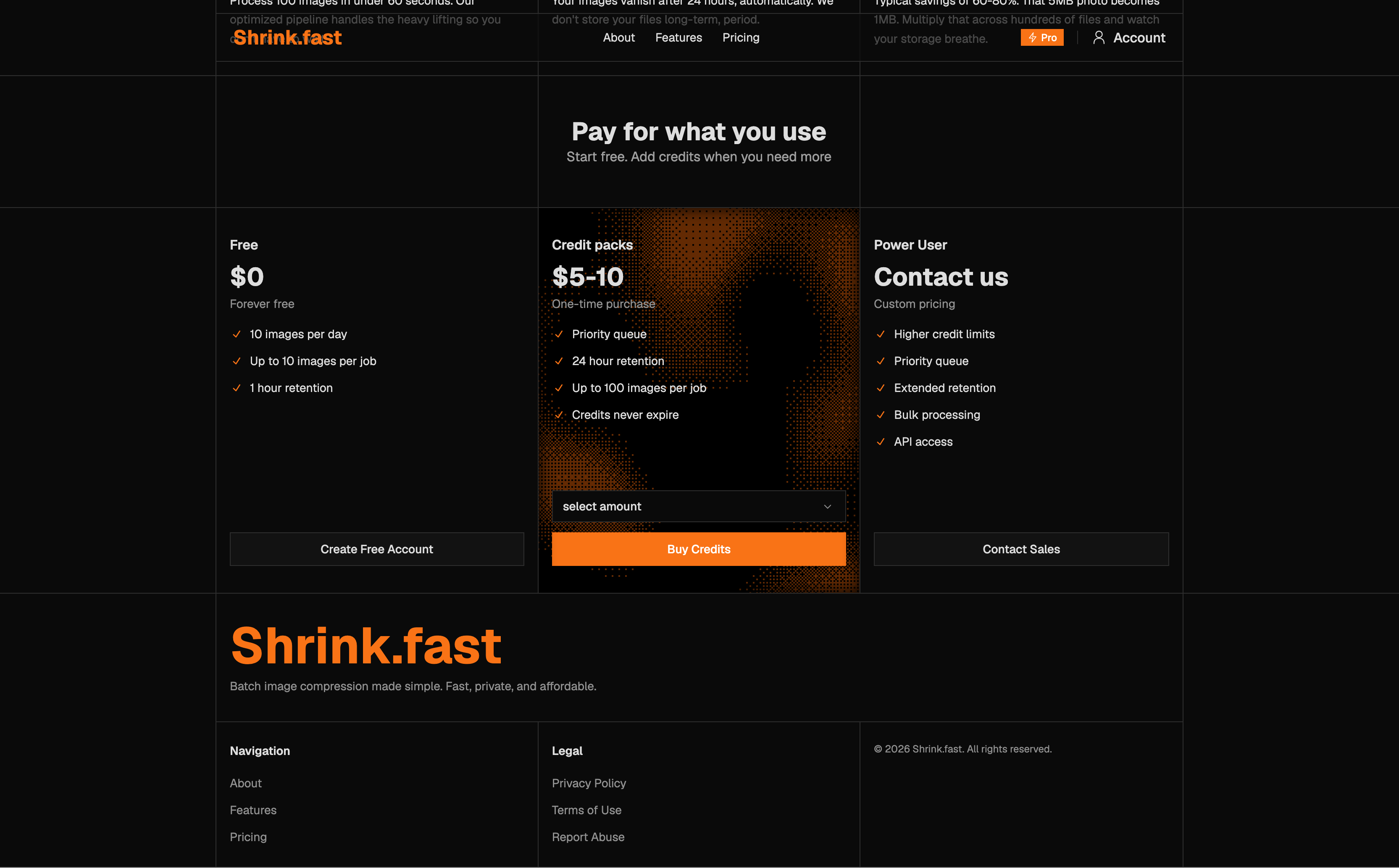 Shrink.fast pricing page showing free usage, credit packs, and a contact option