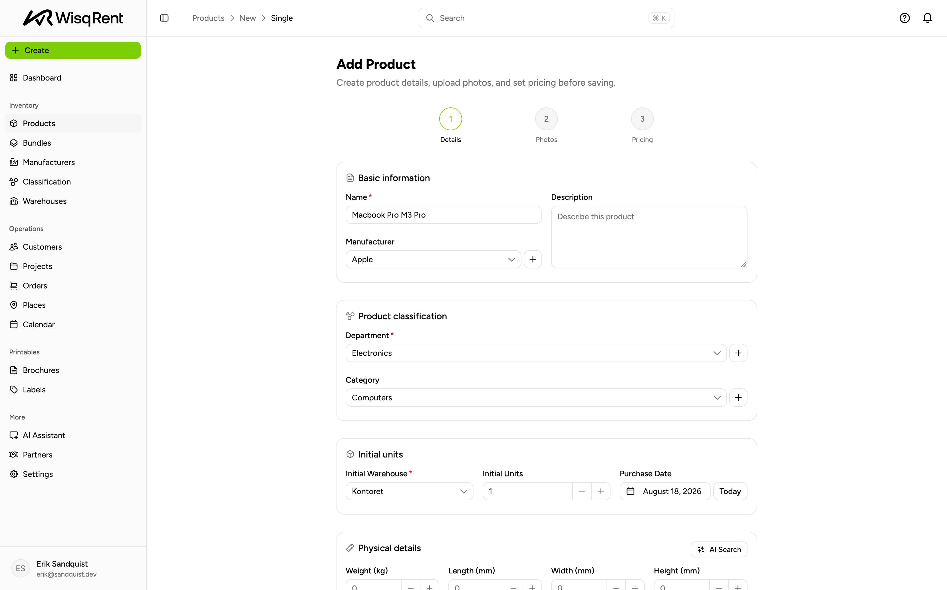 WisqRent product creation screen showing product details, classification, and initial units