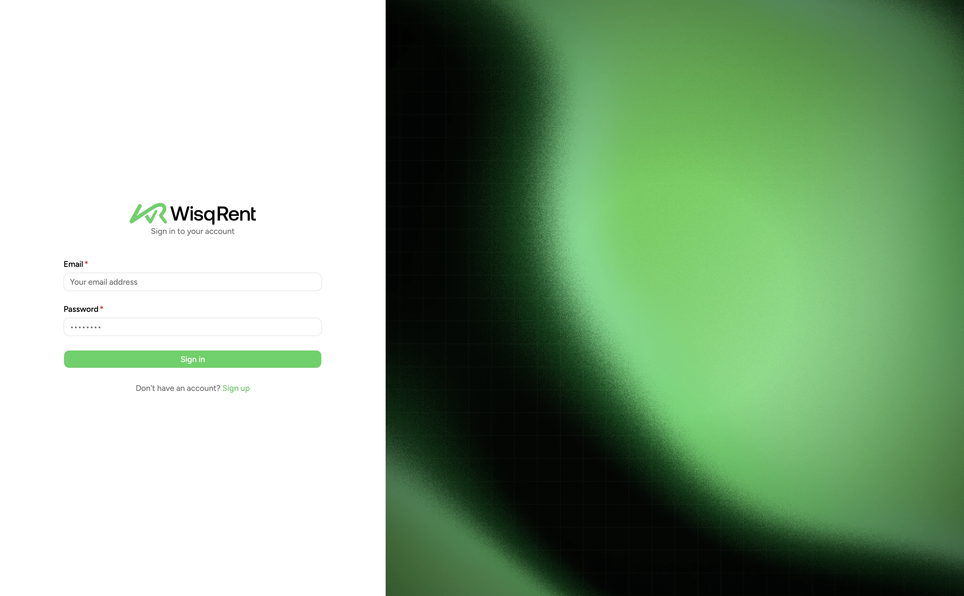 WisqRent sign-in page with a green background graphic